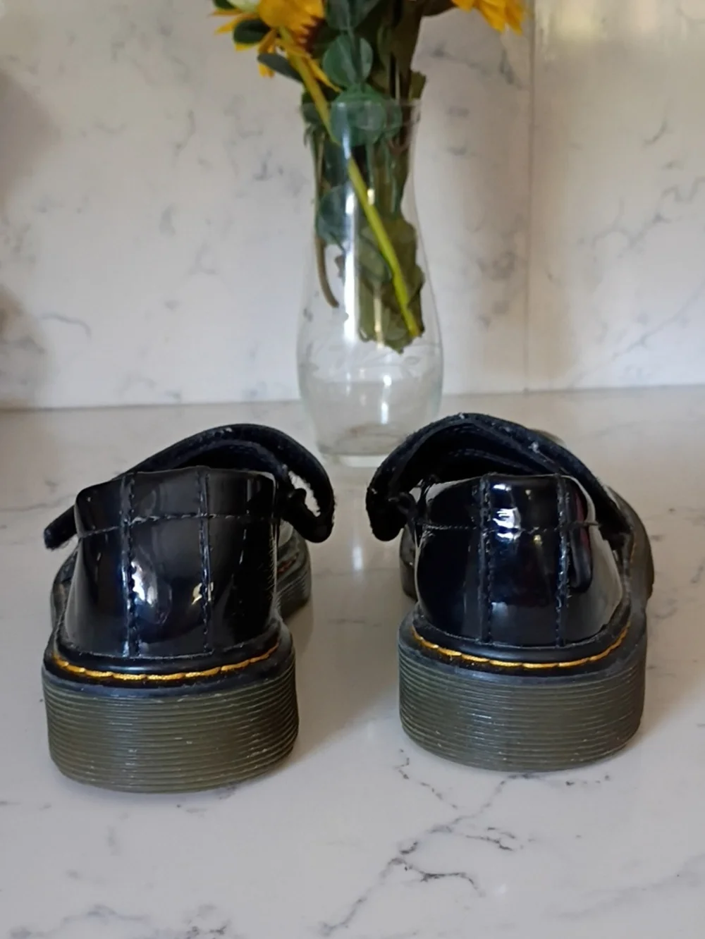 Dr. Martens Girls Black Patent Mary Jane Shoes with Yellow Stitching